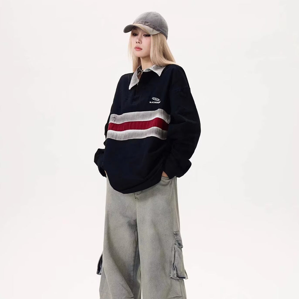 Contrast Color Stitching Polo Collar Sweatshirt