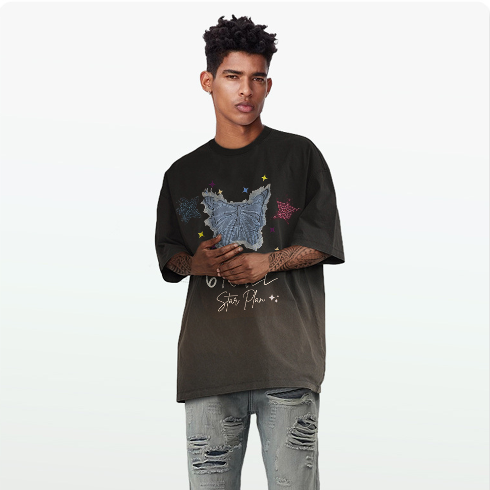 6Kull Star Plan Butterfly Denim Washed T-Shirt