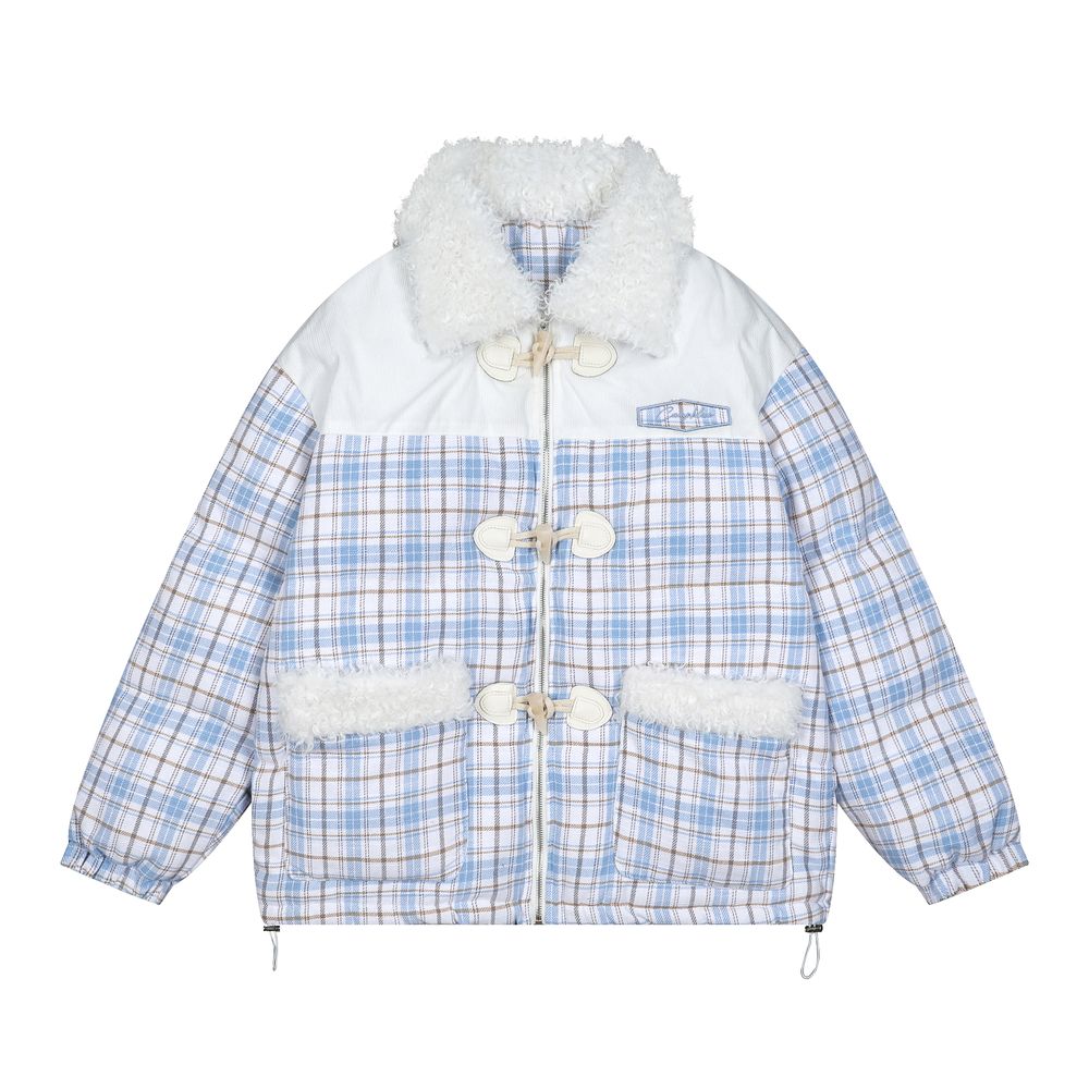 【NOW TREND】Plaid Button Lambskin Collar Coat