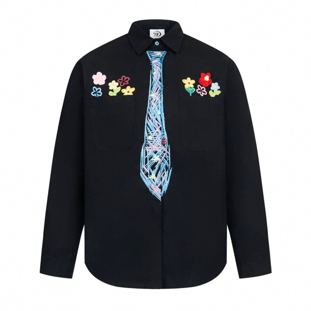 Flower embroidery tie graffiti shirt