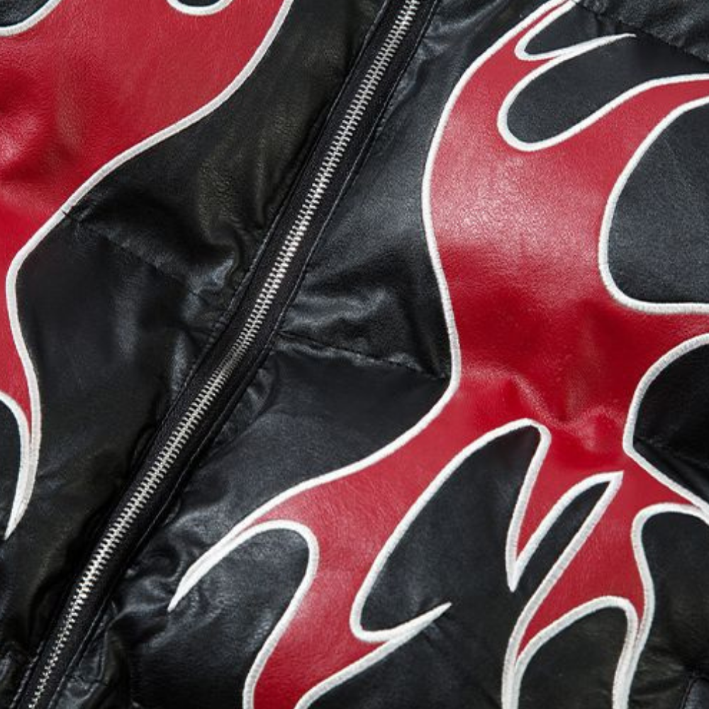 Circle Flame Embroidery PU Leather Coat