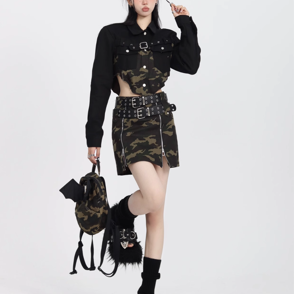 Women's High Street Camouflage Stitching Outfit Sets