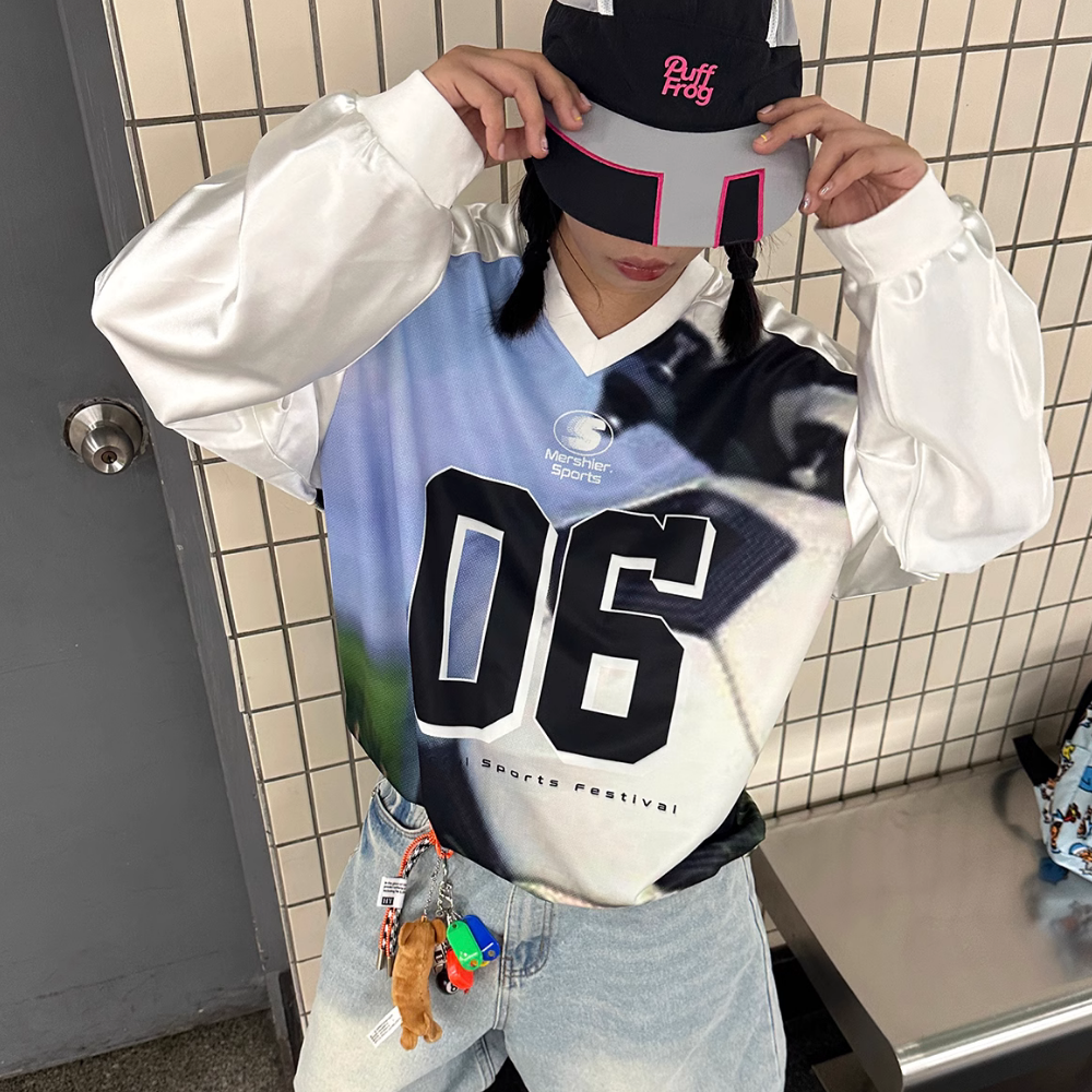 Sporty Satin V-Neck Jersey Sweatshirt