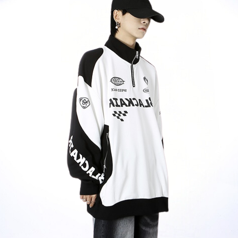 Retro Stand Collar Zipper Racing Sweatshirt