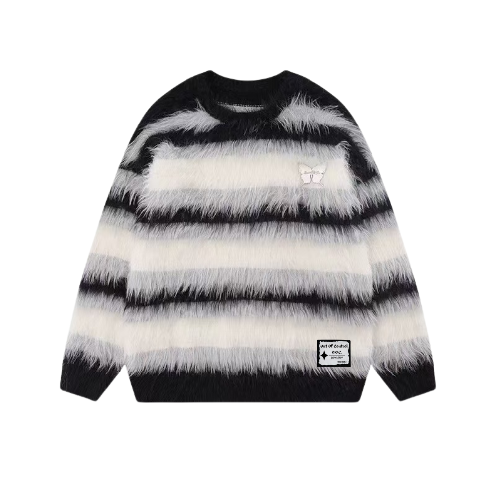 OOC' Faux Mink Butterfly Striped Crew Neck Sweater