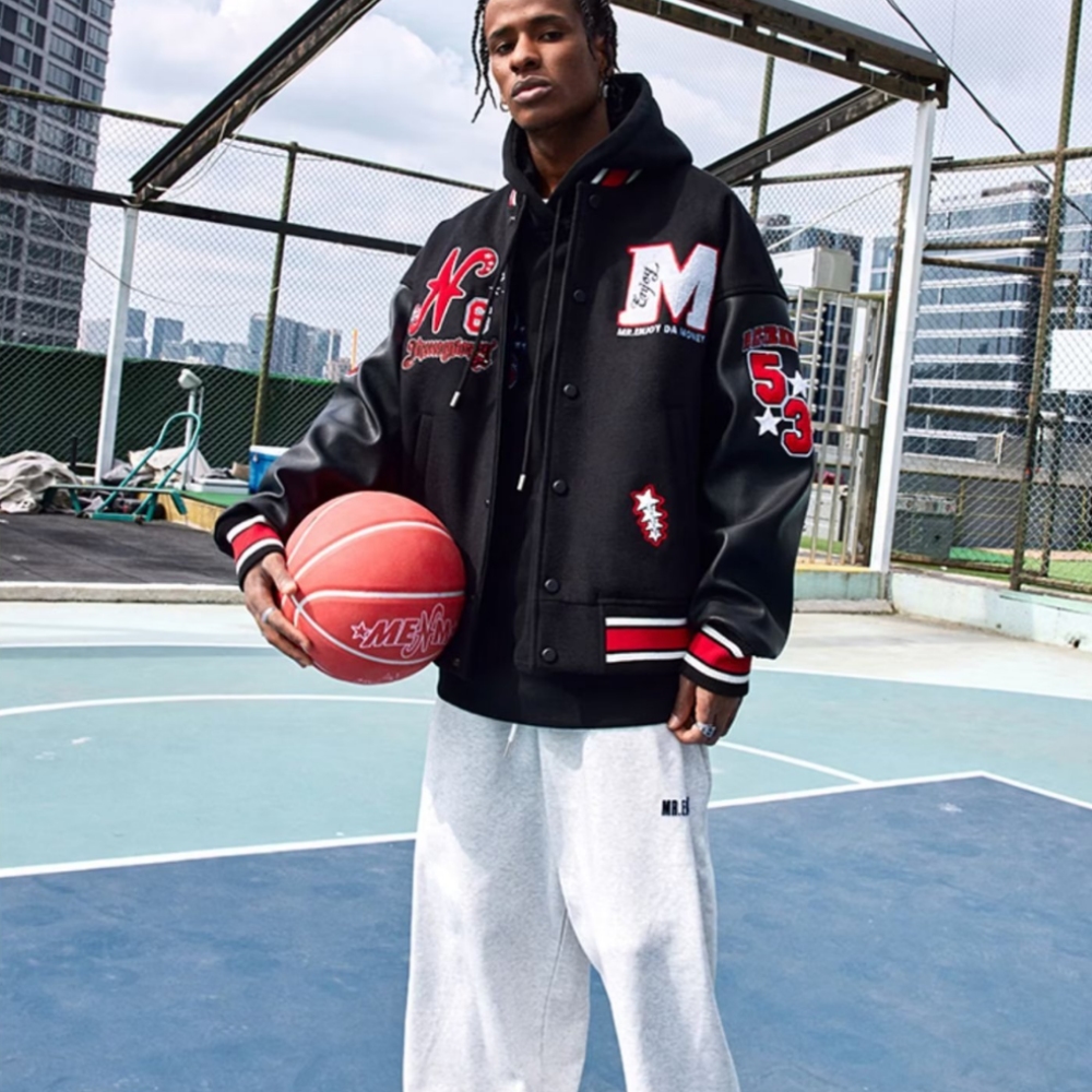 American Pattern Embroidered PU Panel Varsity Jacket