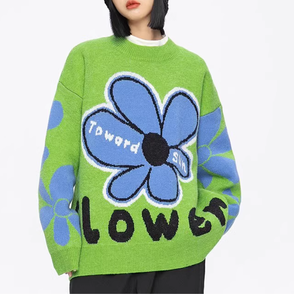 Women's Loose Blue Sunflower Sweater