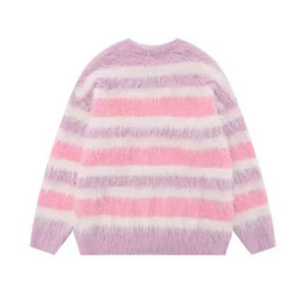 OOC' Faux Mink Butterfly Striped Crew Neck Sweater