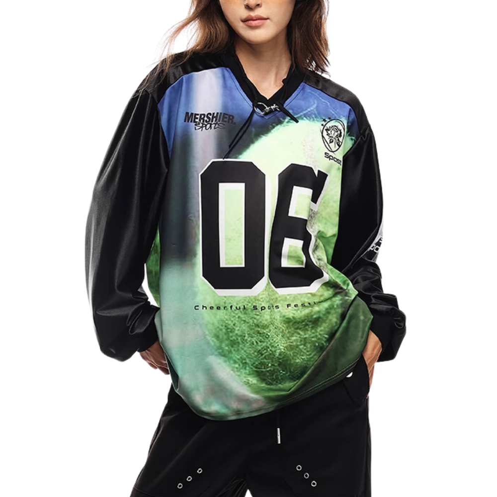 Sporty Satin V-Neck Jersey Sweatshirt