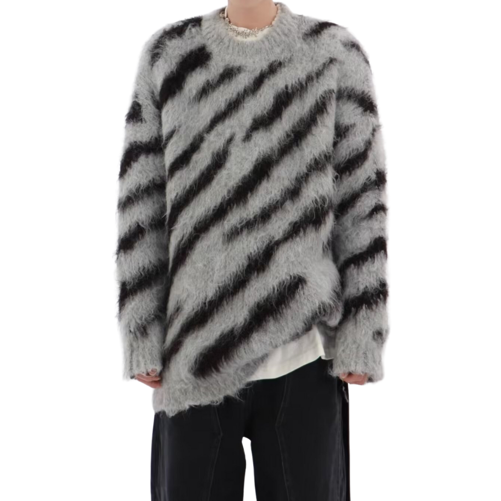 OOC' Irregular Contrast Zebra Striped Loose Knitted Sweater