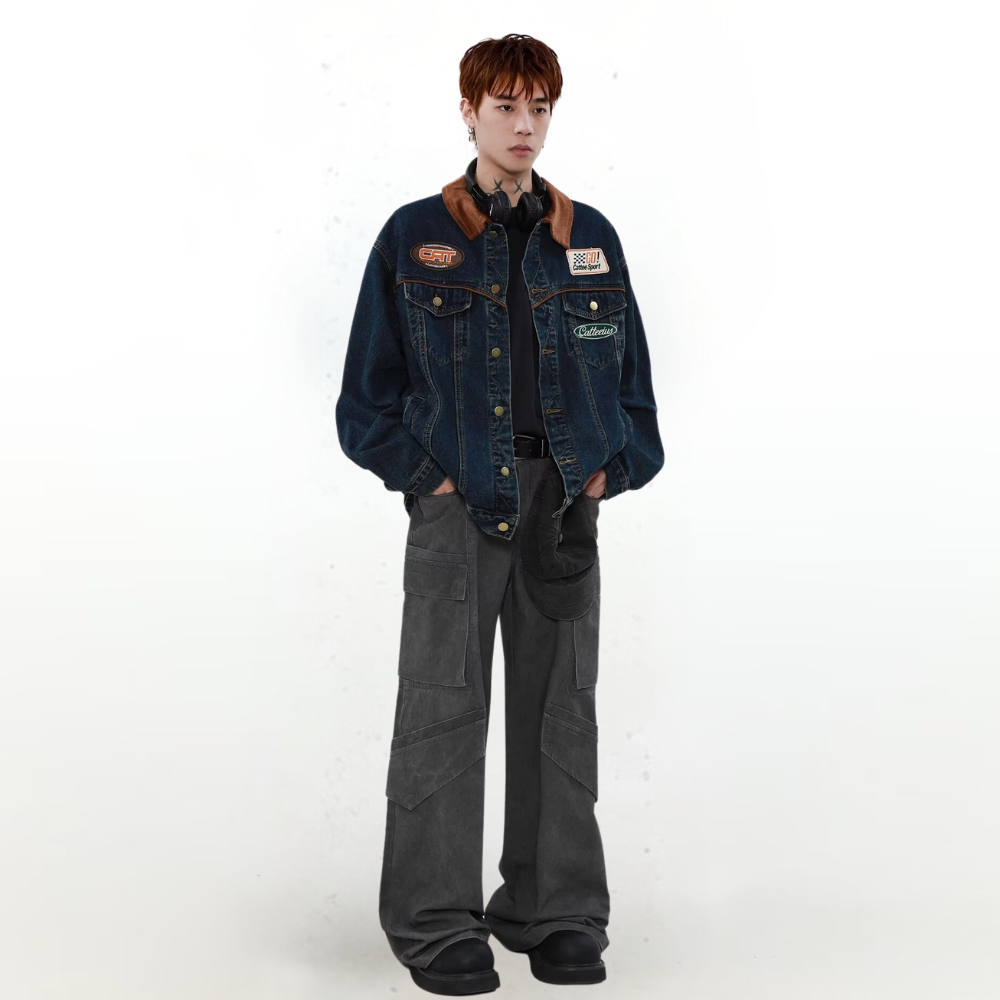 Retro Washed Denim Biker Jacket