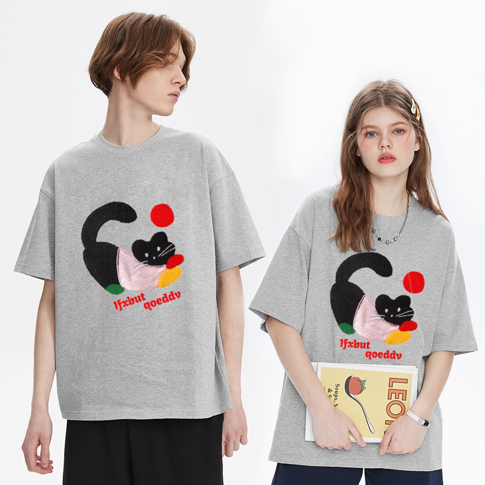 Cute Cat Towel Embroidered T-Shirt
