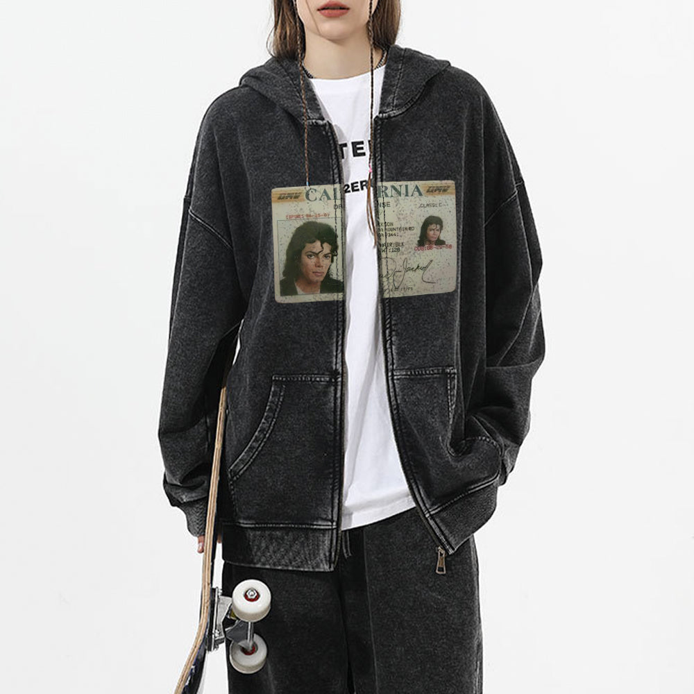 Evokyn Vintage washed Michael Jackson ID graphic zip-up hoodie