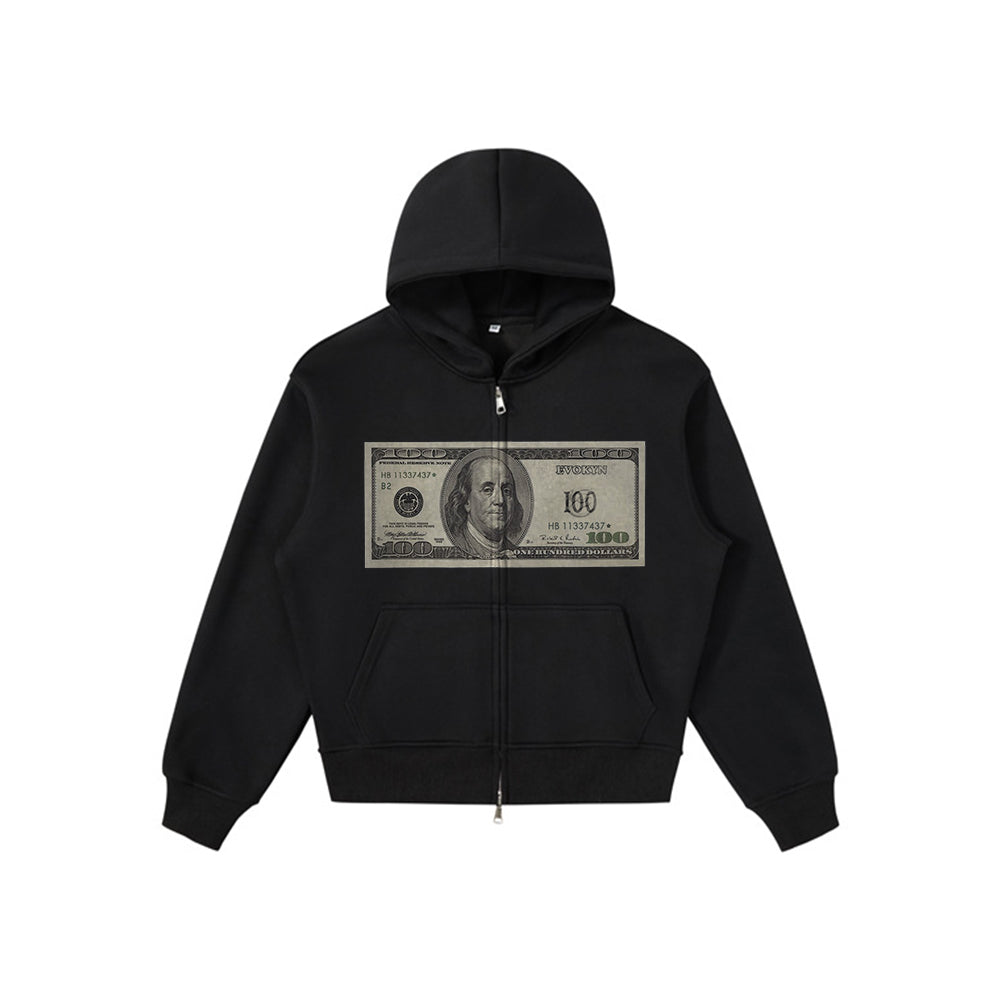 Evokyn Vintage Money Print Graphic Zip Up Hoodie