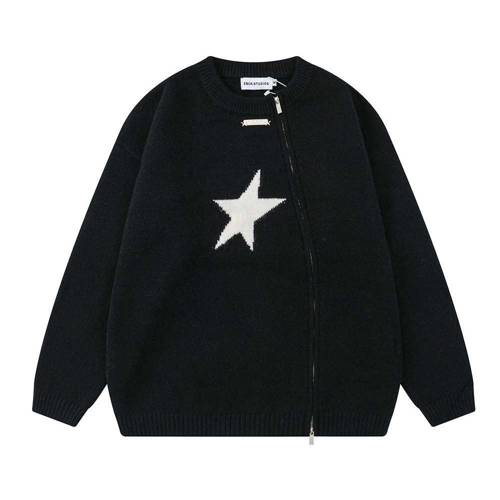 Solid Color Star Zipper Pullover Sweater