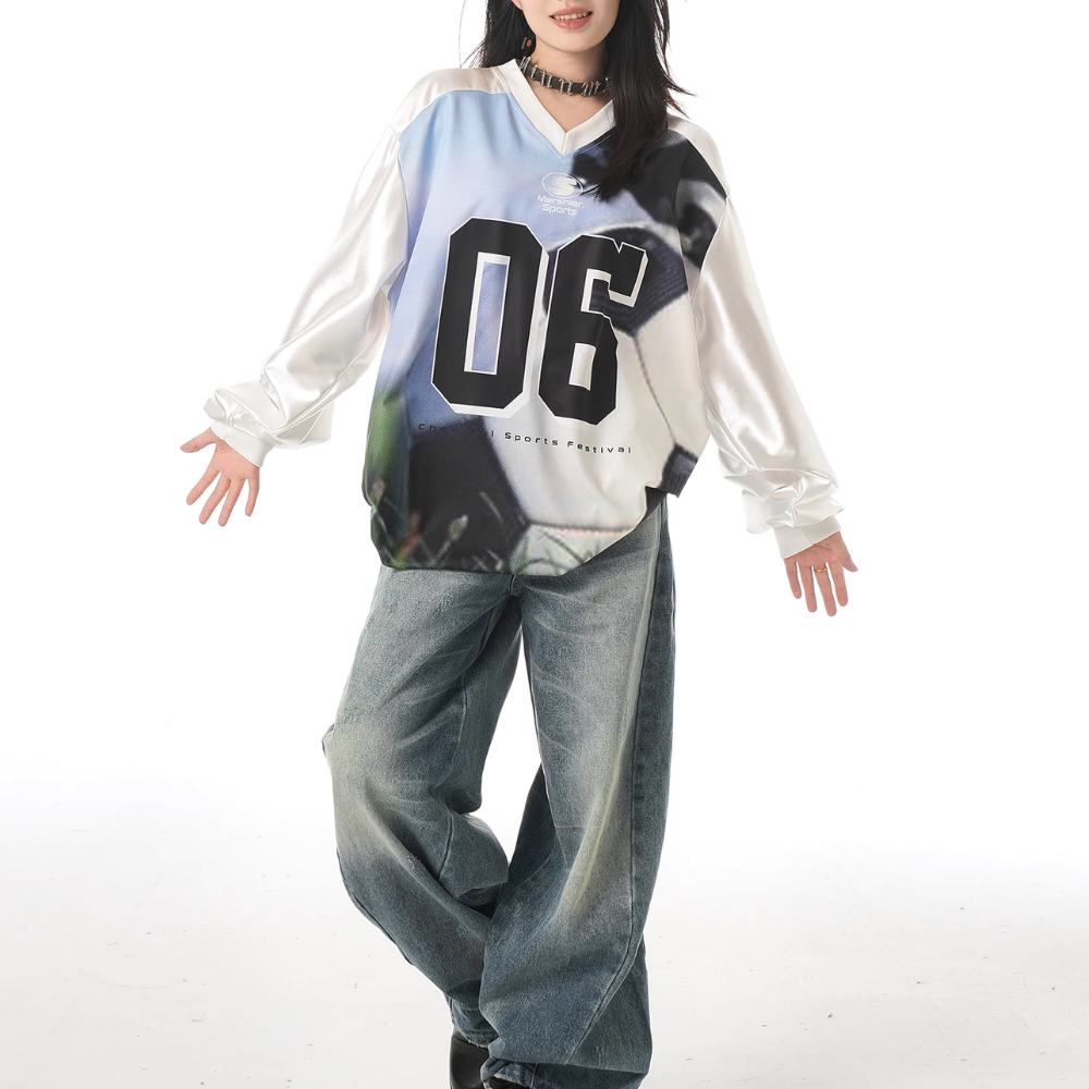Sporty Satin V-Neck Jersey Sweatshirt