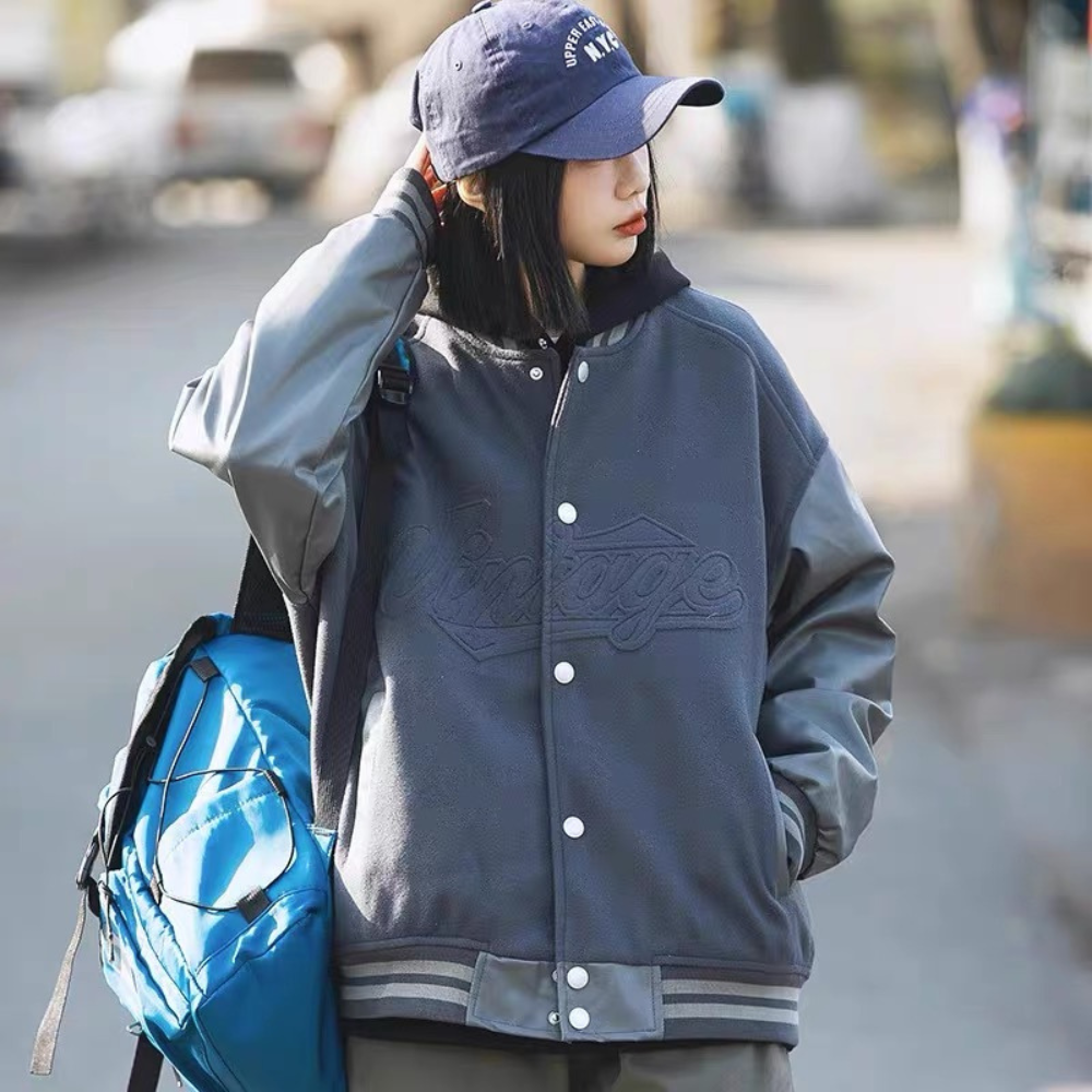 PU Patchwork Letter Leather Jacket