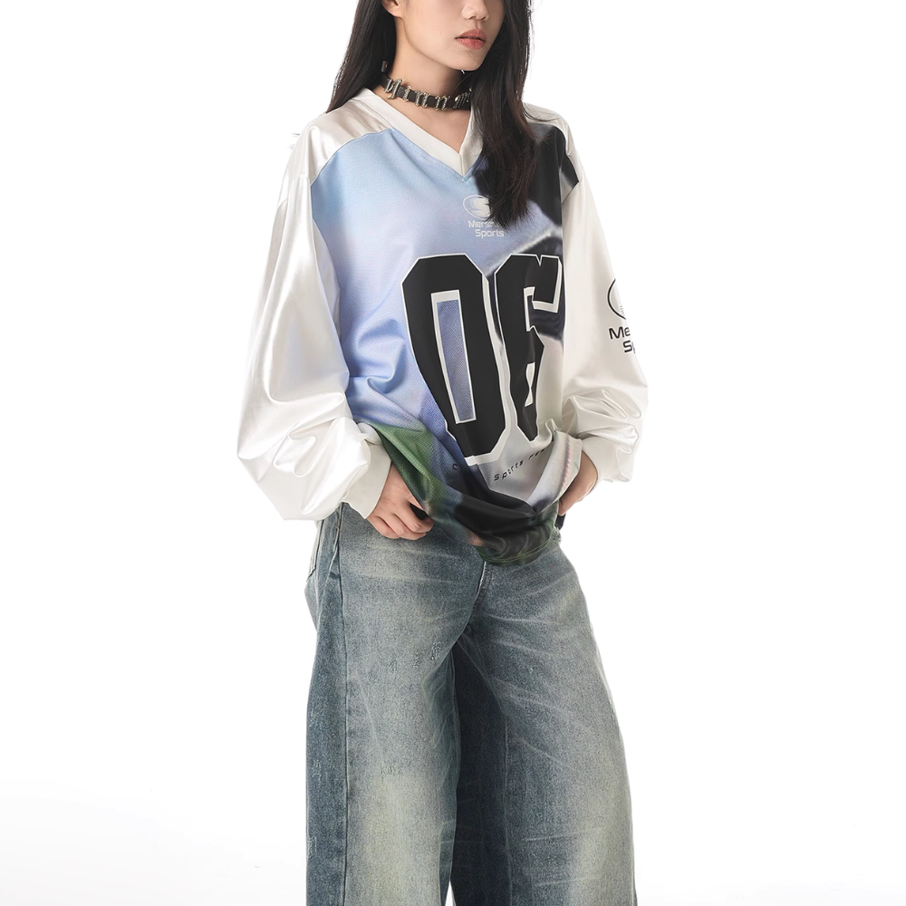 Sporty Satin V-Neck Jersey Sweatshirt
