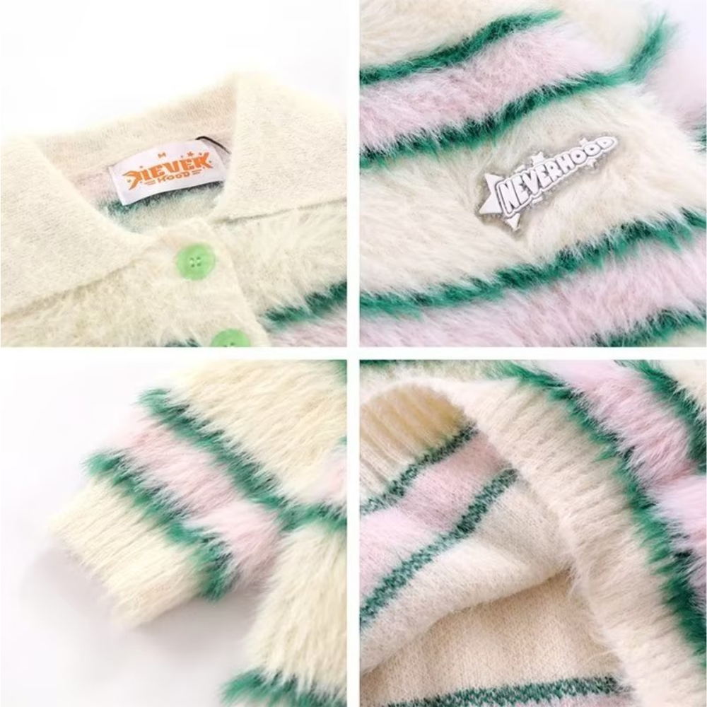 OOC' Vintage Loose Mink Polo Collar Striped Sweater