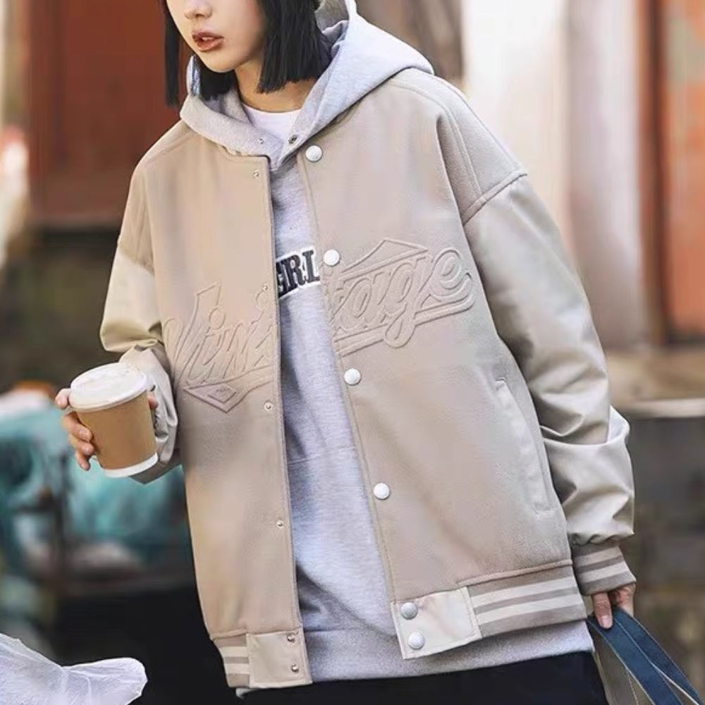 PU Patchwork Letter Leather Jacket