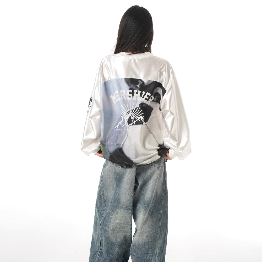 Sporty Satin V-Neck Jersey Sweatshirt