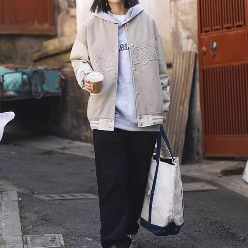 PU Patchwork Letter Leather Jacket