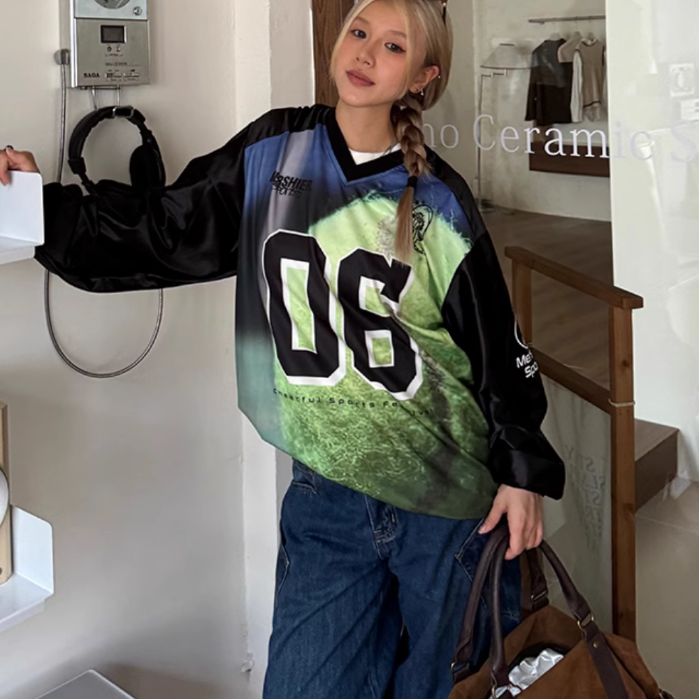 Sporty Satin V-Neck Jersey Sweatshirt