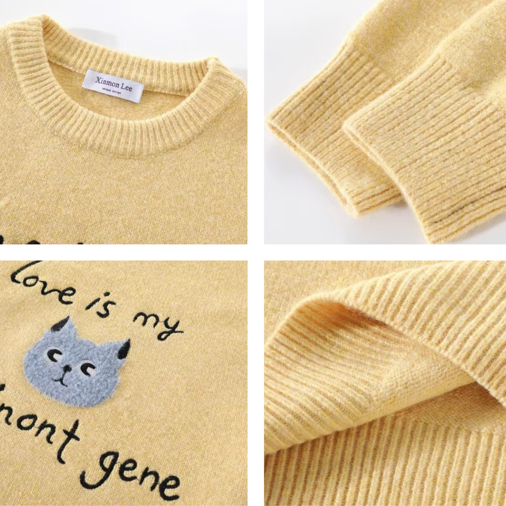 OOC' Cute Kitten Embroidered Letters Knitted Sweater