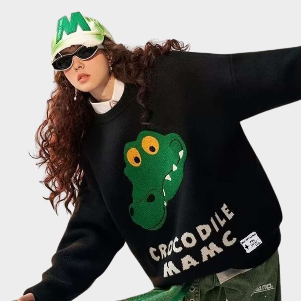 OOC' High Street Unisex Cartoon Crocodile Head Embroidery Knitted Sweater