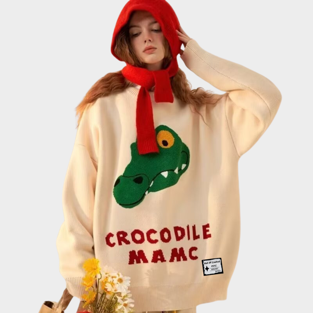 OOC' High Street Unisex Cartoon Crocodile Head Embroidery Knitted Sweater