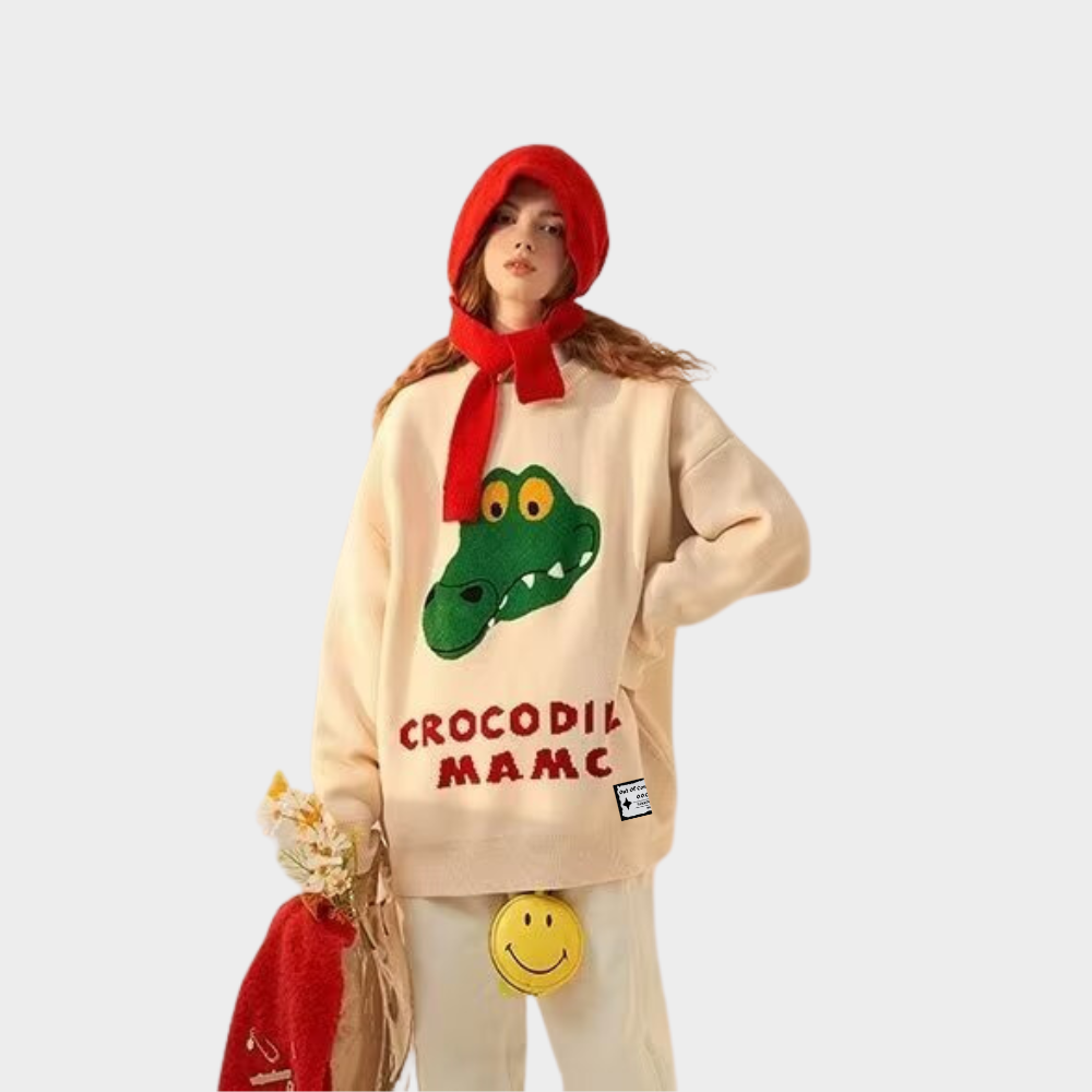 OOC' High Street Unisex Cartoon Crocodile Head Embroidery Knitted Sweater