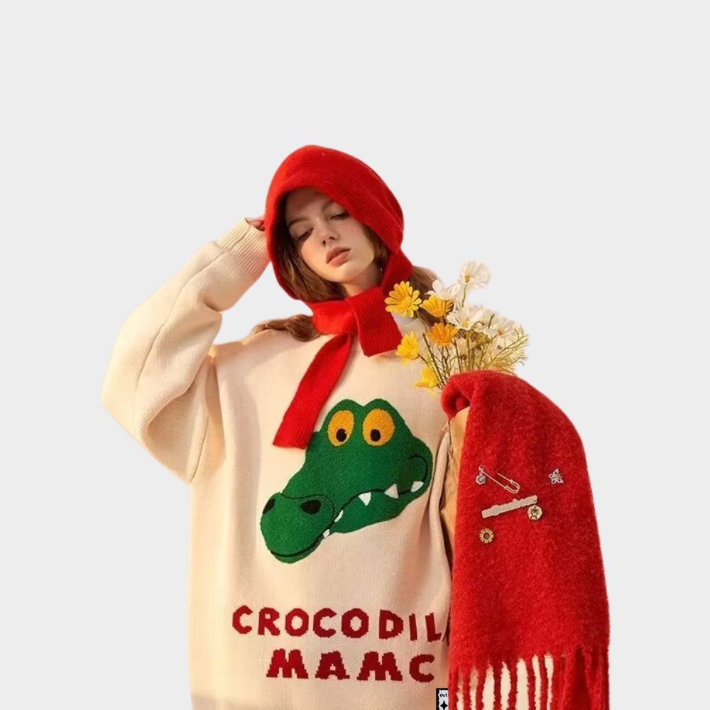 OOC' High Street Unisex Cartoon Crocodile Head Embroidery Knitted Sweater