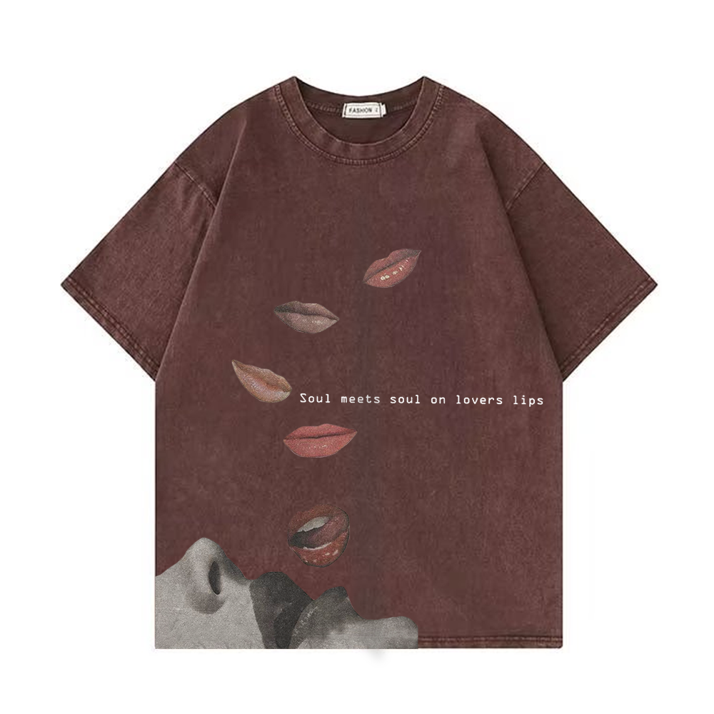 Retro Fun Lip Print Washed T-Shirt