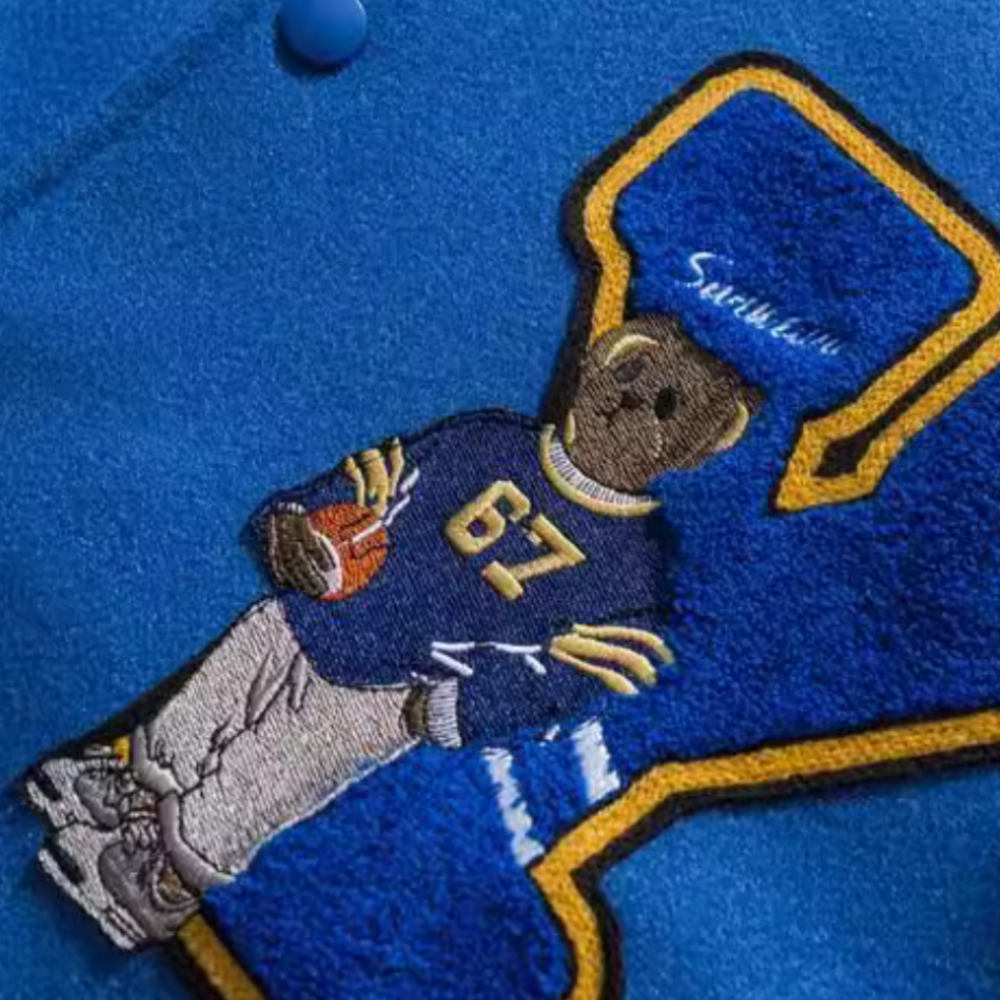 Cartoon Bear Jacquard Flocked Varsity Jacket