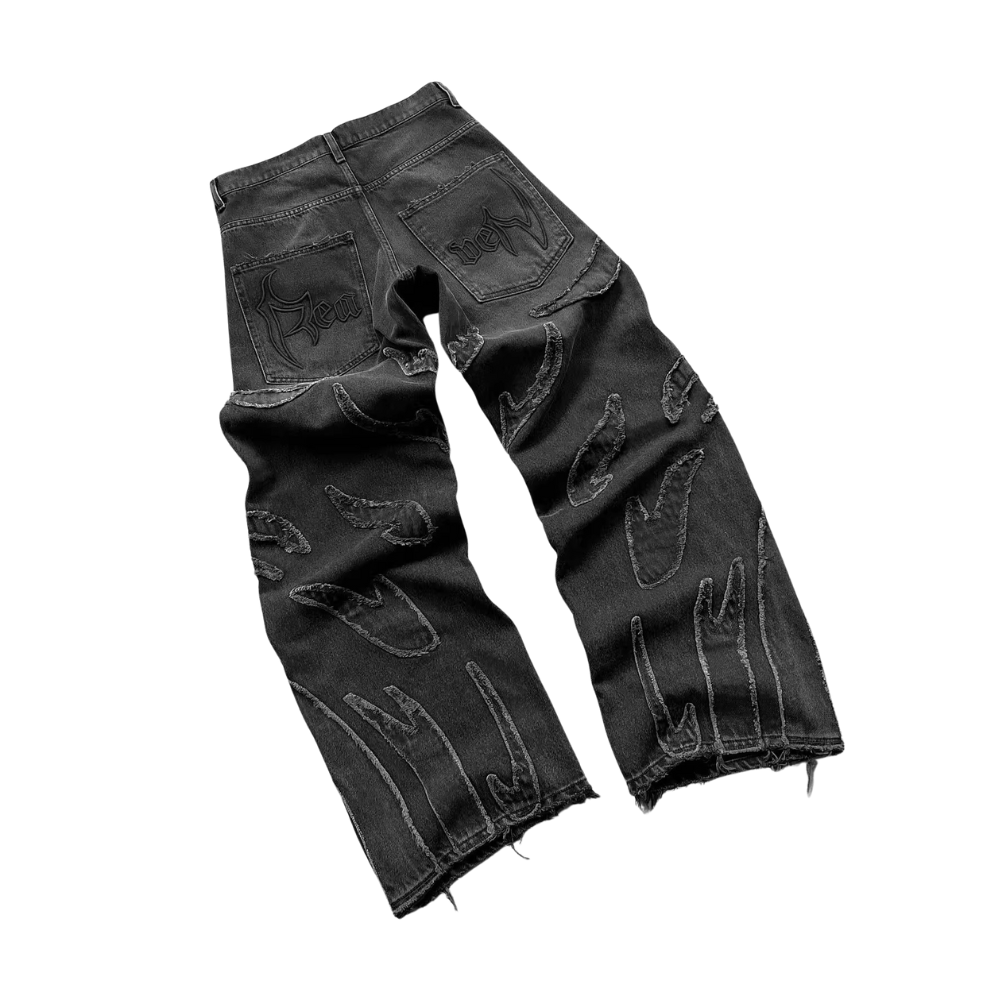 Unseen Echoes Blaze Carved Black — Handcrafted Denim Inferno Jeans