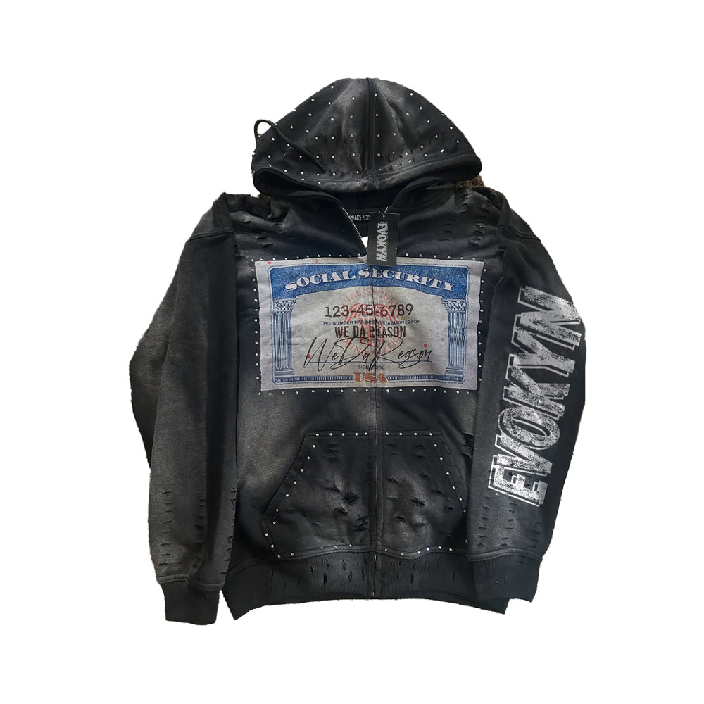 Evokyn Rhinestone Vintage Washed Social Security Zip Hoodie