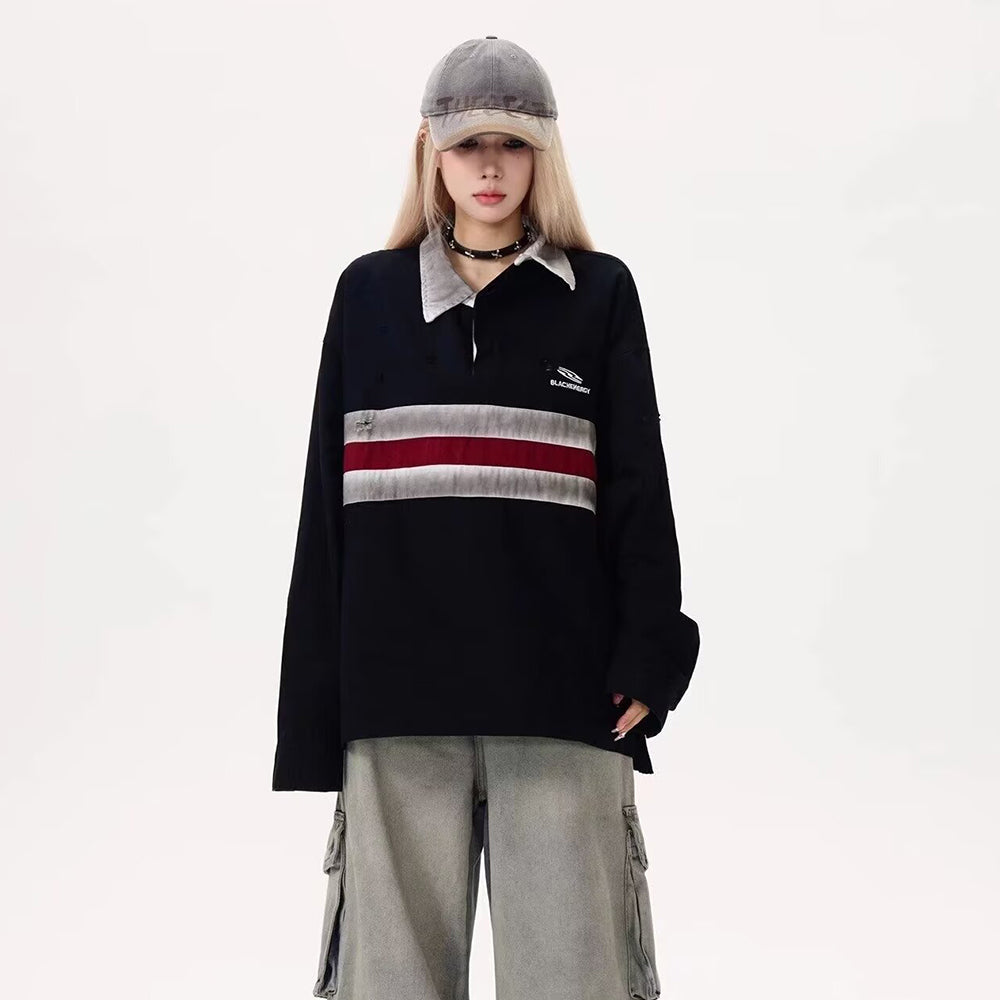 Contrast Color Stitching Polo Collar Sweatshirt