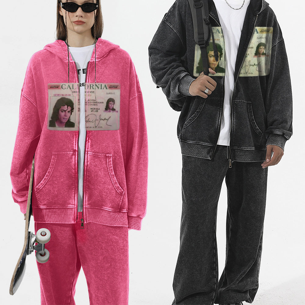 Evokyn Vintage washed Michael Jackson ID graphic zip-up hoodie
