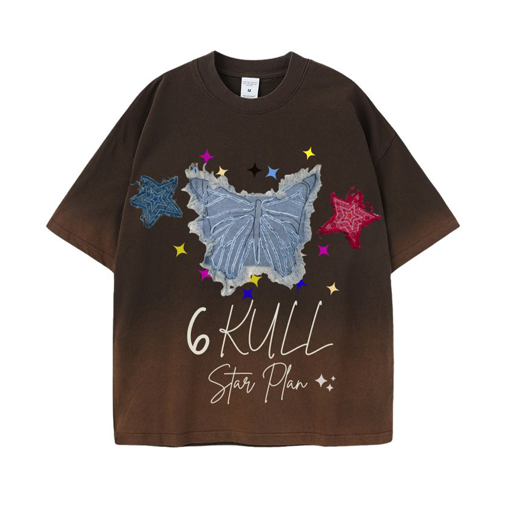 6Kull Star Plan Butterfly Denim Washed T-Shirt