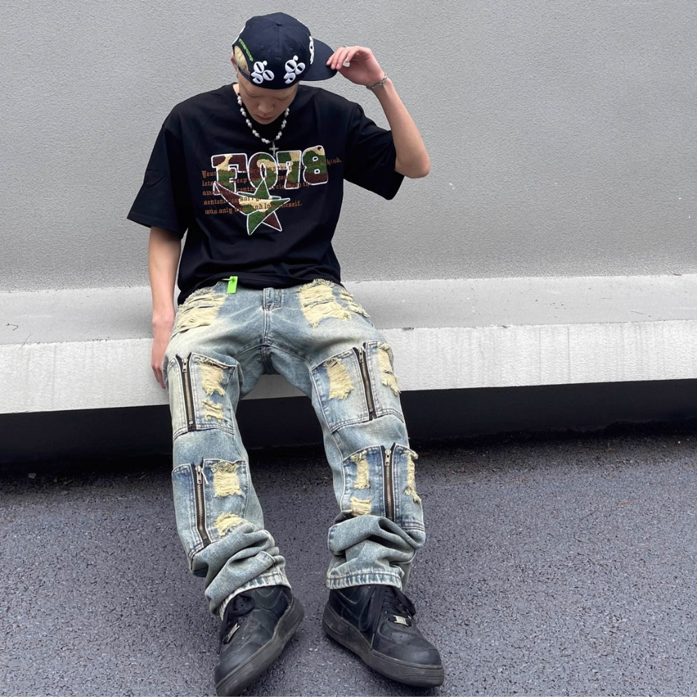 American High Street Distressed Heavy Multi-pocket Unisex Jeans