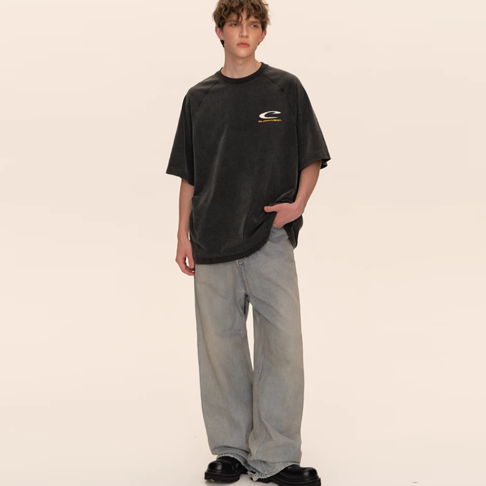 Retro Washed Letter Embroidery T-shirt