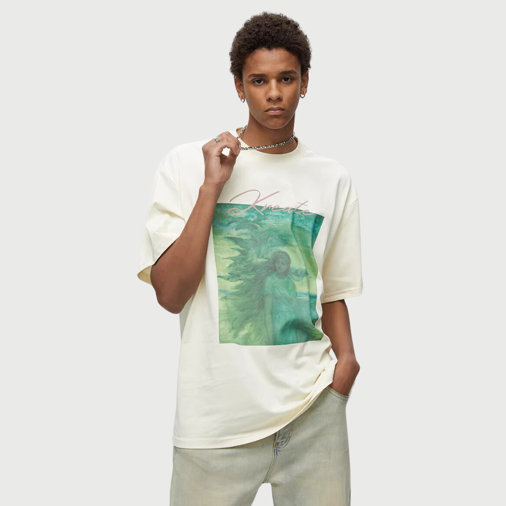 Pure Cotton 260G Oil Painting Girl Print T-Shirt