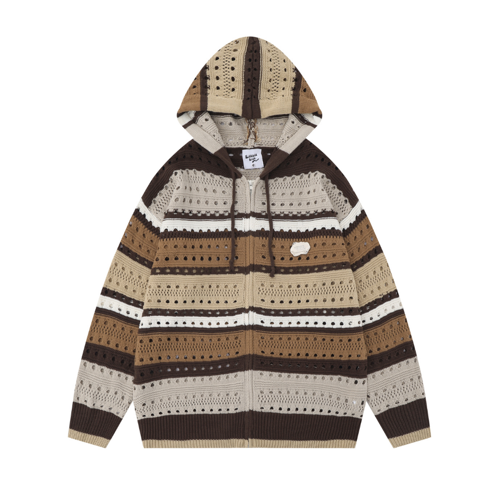 Casual Hollow Rainbow Strip Knitting Zipper Hoodies