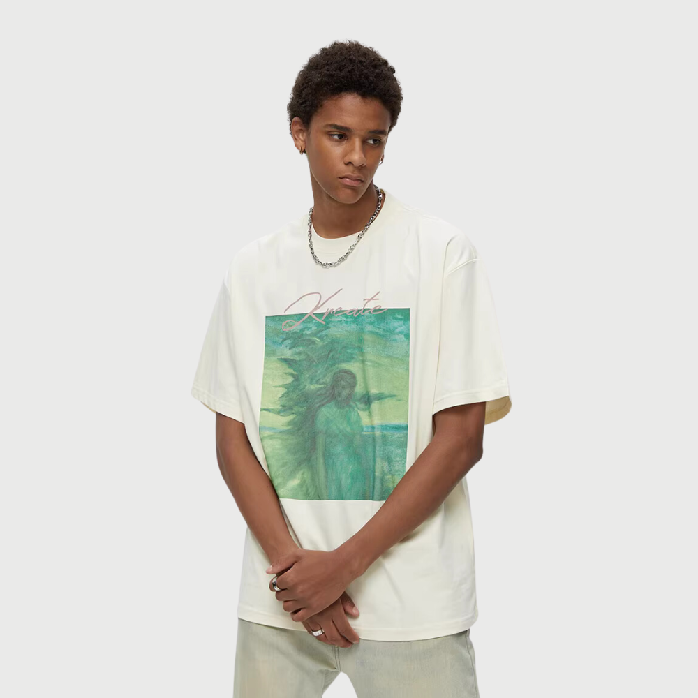 Pure Cotton 260G Oil Painting Girl Print T-Shirt