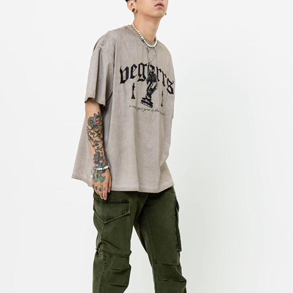 Vintage Chess Print Washed Distressed T-shirt