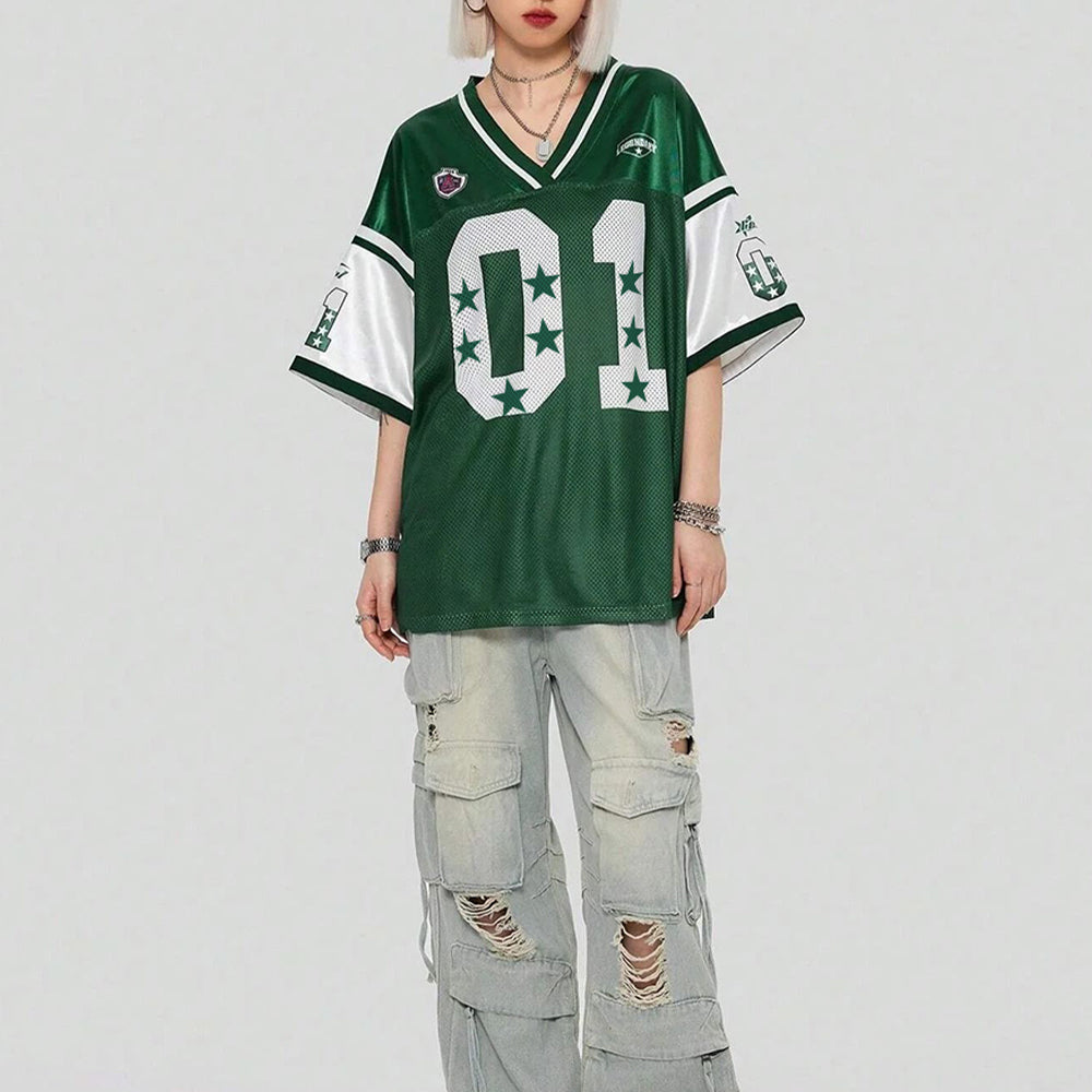 Evokyn Green Star Print V-Neck Mesh Jersey T-Shirt