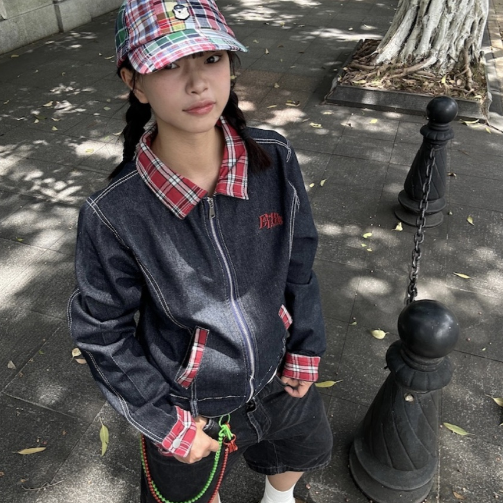 American Plaid Collar Patch Jacket