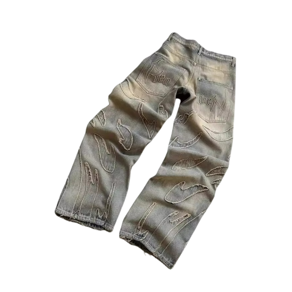 Unseen Echoes Blaze Carved Black — Handcrafted Denim Inferno Jeans