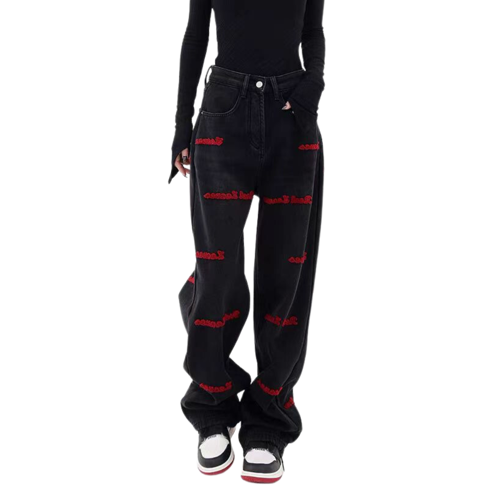 Women's Black Flocked Jeans