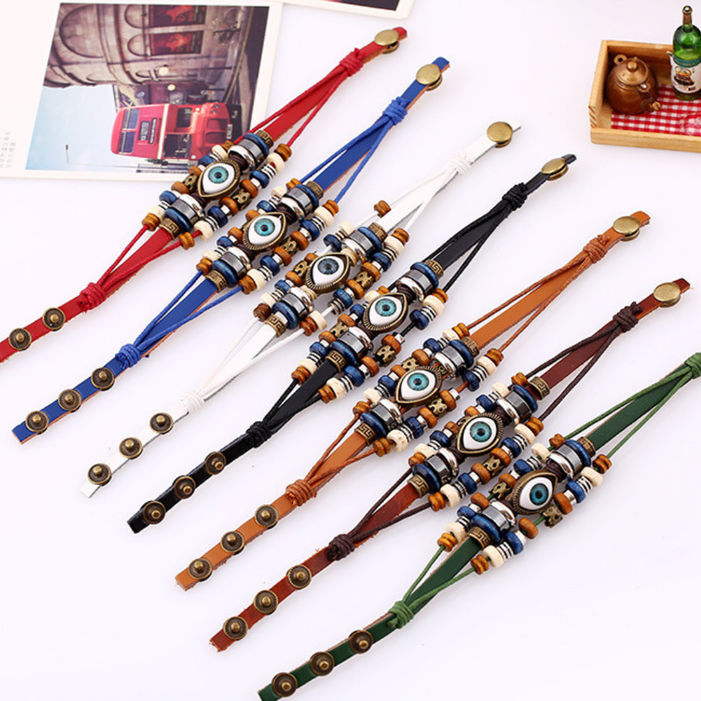 Dark Beaded Eyes Couple Leather Bracelet